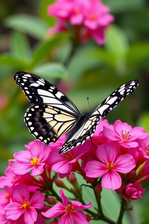 Generate an image of a butterfly with intricate black and white patterns resting on vibrant pink flowers. The scene should be lush and colorful, highlighting the delicate beauty of both the butterfly and the blossoms.