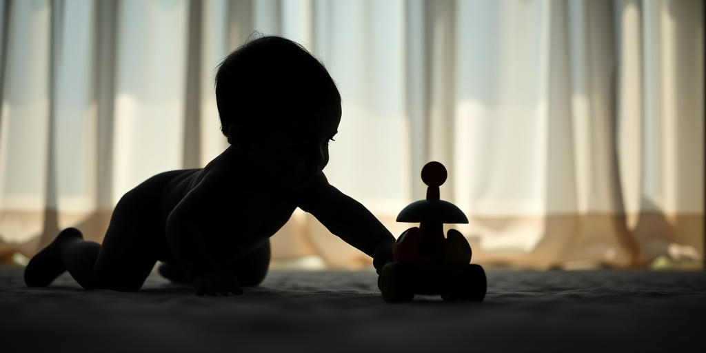 Capture a high-contrast silhouette of a baby crawling towards a colorful toy, using a 50mm lens at f/2.8, ISO 400, with soft natural lighting and a shallow depth of field for a dreamy effect, shot on a DSLR camera from a low angle.