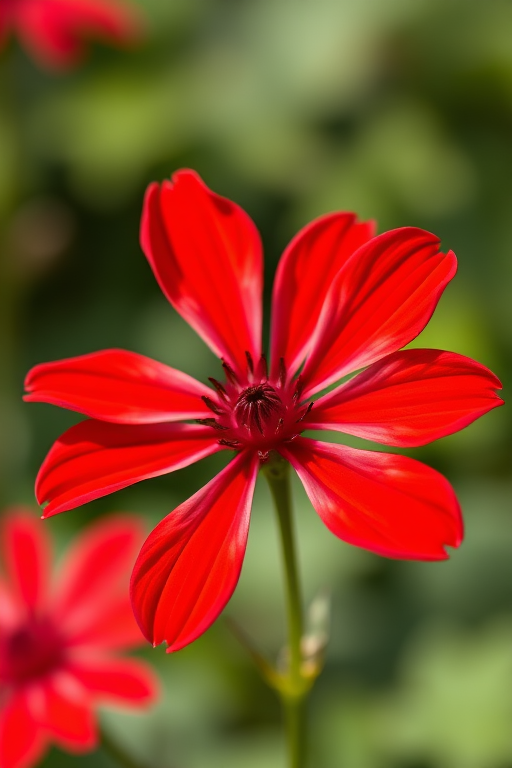 Create an image of a vibrant red flower with intricate petals and a detailed center, captured with a macro lens at f/2.8 aperture, ISO 100, and a shutter speed of 1/250s, in natural light with a soft-focus background.