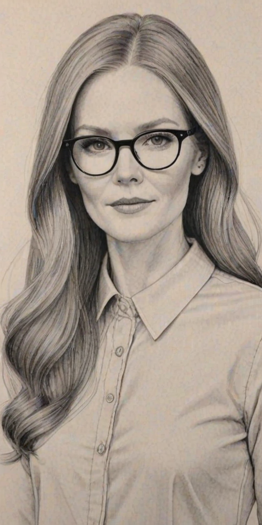 Delightful Darby Stanchfield, pencil sketch, portrait of Stunning woman 1973s in glasses, hair style beatnik, outline, clear lines, fine lines, 8k