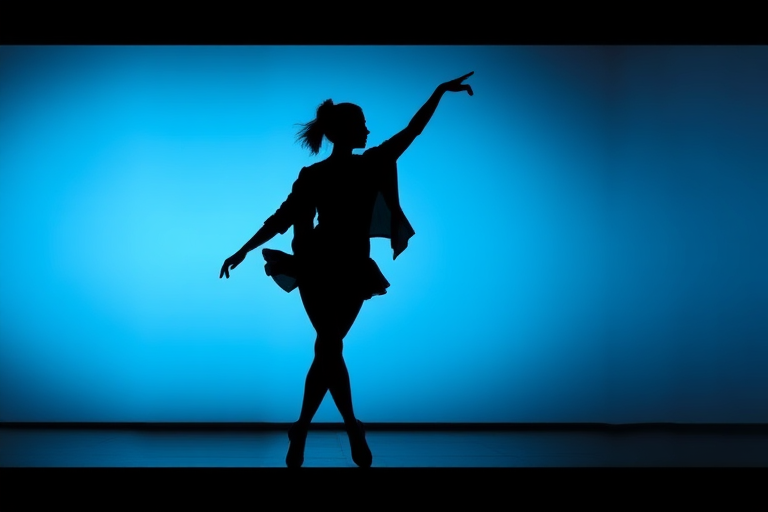 Generate an artistic silhouette of a dancer in motion, using a DSLR camera with a 50mm lens at f/1.8 aperture, 1/200 sec shutter speed, and ISO 100 for a soft focus background and enhanced subject clarity.