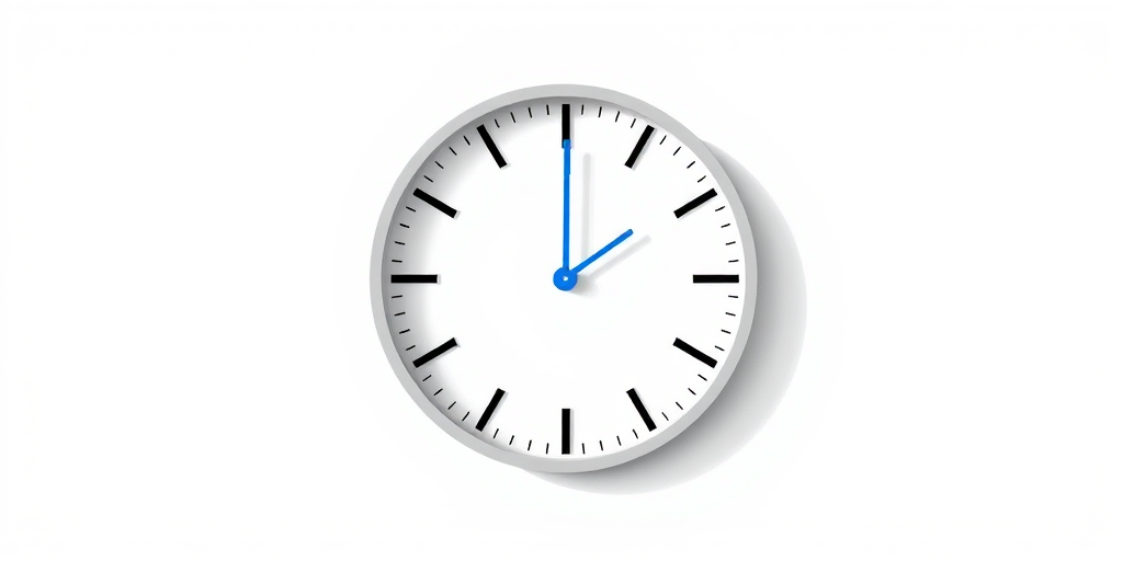 Create a minimalist design of a circular clock with a blue hour hand and gray circular outline on a white background, captured using a DSLR camera at f/2.8 aperture, ISO 100, 50mm lens, with a soft natural light to enhance the color contrast and clarity.