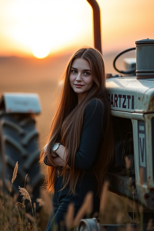 portrait of a young woman with long brown hair leaning against an old tractor in a golden field during sunset, soft focus, aperture f/2.8, ISO 100, 50mm lens, shallow depth of field, natural lighting