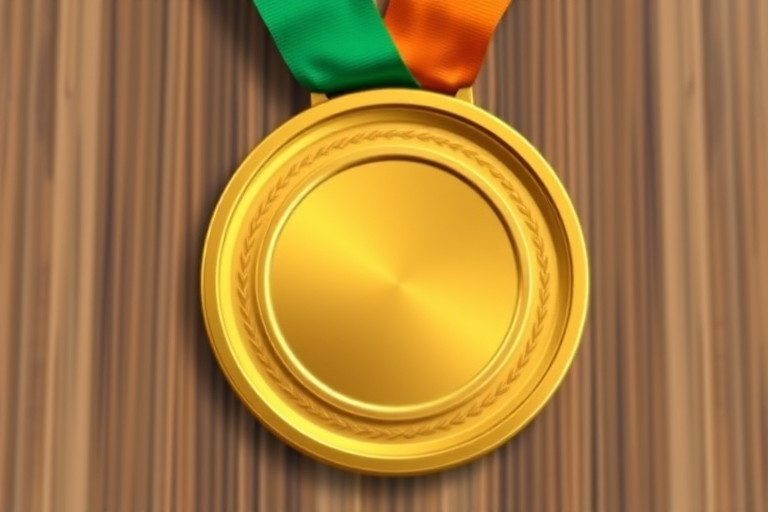 Create a detailed digital illustration of a gold medal with green ribbons, captured from a top-down view using a DSLR camera with an aperture of f/2.8, shutter speed of 1/125s, ISO 100, and a shallow depth of field to enhance the focus on the medal.
