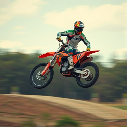 Create a dynamic action shot of a motocross rider performing a jump against a blurred background; use a DSLR camera with a 50mm lens, f/2.8 aperture, ISO 200, shutter speed 1/1000s, and a high-speed continuous shooting mode to capture the motion effectively.