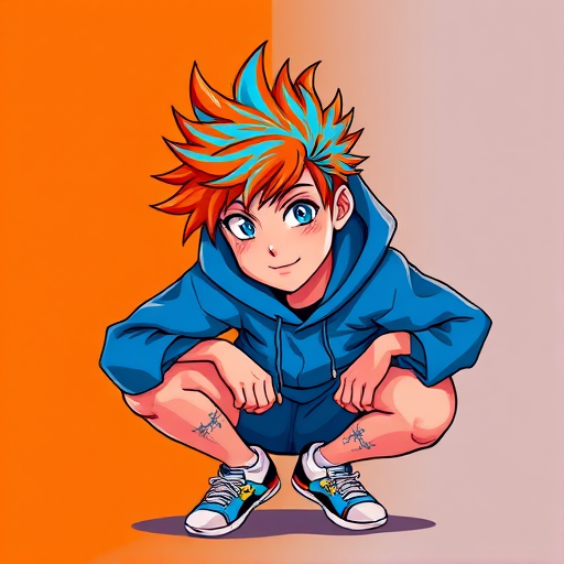 Generate a vibrant digital illustration of a young person with spiky orange and blue hair, wearing a blue hoodie and crouching down in a dynamic pose against a solid background, with a focus on bold colors and sharp lines, shot with a Canon EOS R5 at f/2.8, ISO 100, 50mm lens, in portrait view for enhanced detail and quality.