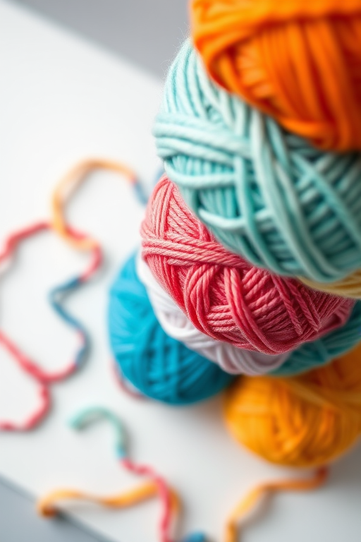 Colorful yarn balls stacked artistically on a white surface, soft natural lighting, focal length 50mm, aperture f/1.8, ISO 200, shallow depth of field, DSLR camera, top-down view, macro photography style.