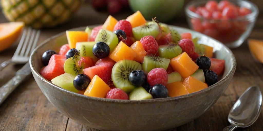 Close-up of a bowl of colorful fruit salad, soft light highlighting the glistening berries and melon, with a fork resting on the edge of the bowl on a rustic table.