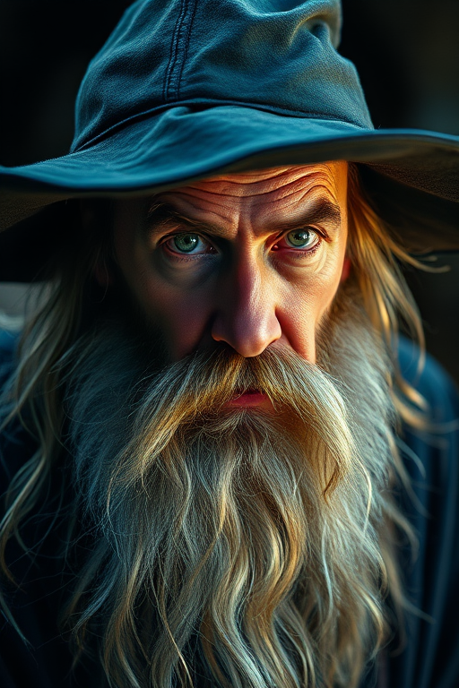 Regenerate the image of a wizard with a long beard and pointed hat, captured in a close-up shot with a 50mm lens, f/1.8 aperture, ISO 200, soft lighting for dramatic effect, in a high-resolution digital art style.