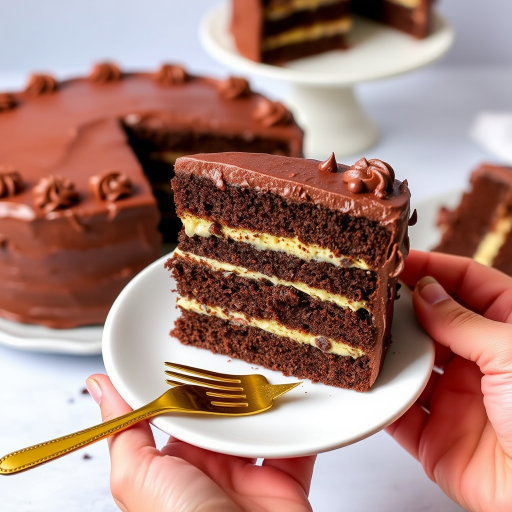 Delicious slice of layered chocolate cake on a white plate held by a hand with a gold fork nearby the cake with multiple layers including chocolate frosting and cream filling surrounded by additional cake slices in the background
