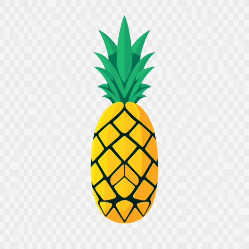 Create a flat, stylized illustration of a pineapple with a geometric design, featuring a vibrant yellow color against a transparent background.