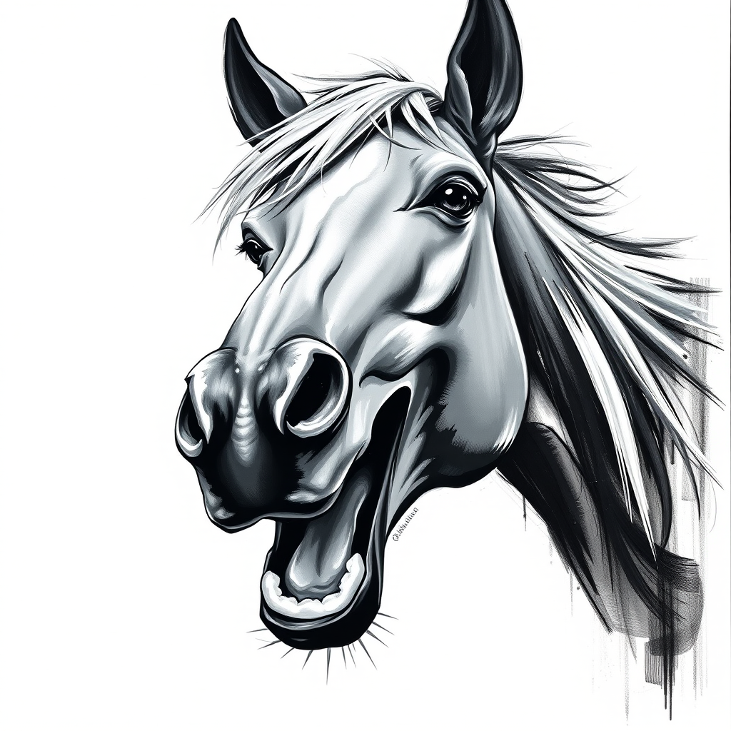 Abstract black and white acrylic portrait of an over exaggerated laughing (horse). Minimalism style. White background.