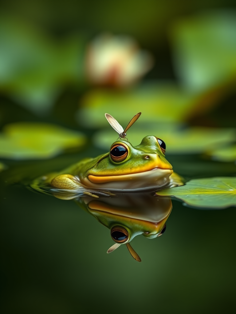 Generate a serene image of a green frog partially submerged in water, surrounded by lily pads. A small butterfly is perched on the frog's head, reflecting in the calm water. The background is softly blurred, emphasizing the frog and butterfly in a tranquil natural setting.