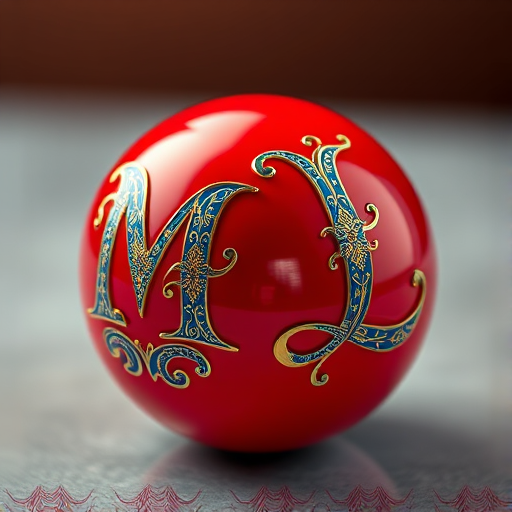 Create a high-resolution image of two glossy red spheres with the letters M and L embossed on them, featuring intricate blue and gold patterns, taken with a DSLR camera, 50mm lens, f/2.8 aperture, 1/200s shutter speed, and 100 ISO, using a soft focus background.