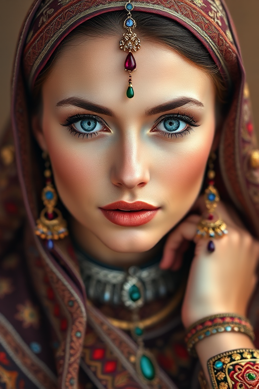 Create a portrait of a beautiful Circassian woman with striking blue eyes and a gentle expression. She is adorned in traditional attire with intricate patterns, including a richly embroidered headscarf and matching garments. Her jewelry includes a delicate headpiece, dangling earrings, and ornate bracelets, all featuring vibrant gemstones and detailed metalwork. The background is soft and warm, enhancing the rich colors of her outfit and jewelry.