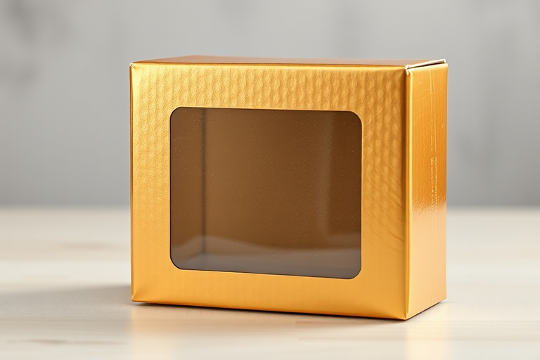 Create a high-resolution image of a 3D gold cardboard box with a transparent label, shot from a slightly elevated angle using a DSLR camera at f/8 aperture, ISO 100, 50mm lens, natural lighting for enhanced texture and detail.