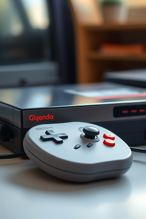 Create a high-resolution image of a retro gaming console with a controller, using a wide-angle lens at f/2.8, ISO 100, and a soft focus background, with natural lighting from the left side to enhance details and textures.