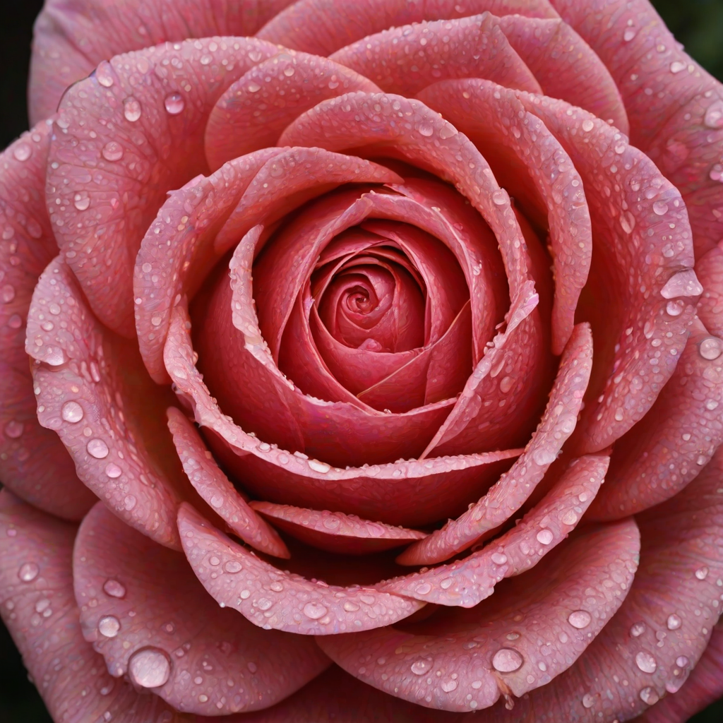 Create an image of a single rose with dew drops on its petals. The rose should be in full bloom and the background should be blurred with a hint of greenery. The rose should be captured from a side angle, showcasing its vibrant color and intricate petal structure.