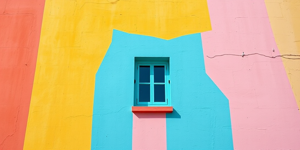Create an abstract architectural photograph of a colorful wall with a window, emphasizing vibrant pastel colors and textures, captured with a Canon EOS R5, 50mm lens, f/8 aperture, 1/200s shutter speed, ISO 100, shot from a straight-on angle in bright daylight.