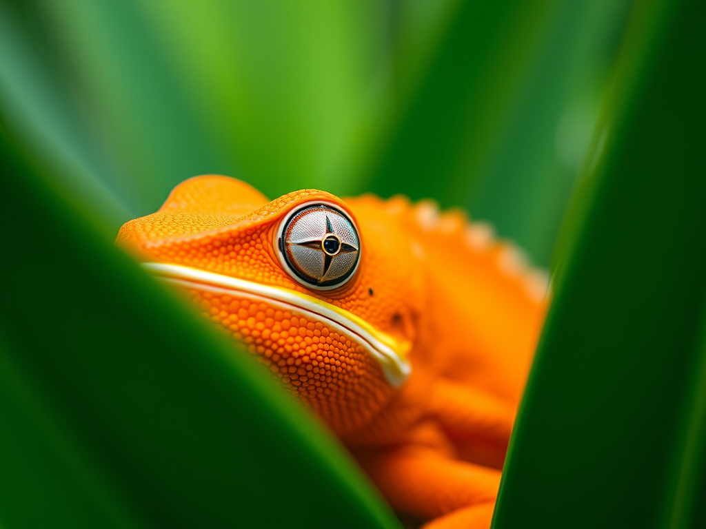 Close-up shot of a vibrant orange chameleon partially hidden among green leaves, using a Canon EOS R5, 85mm lens, aperture f/2.8, ISO 100, natural light, shallow depth of field for enhanced clarity and detail.
