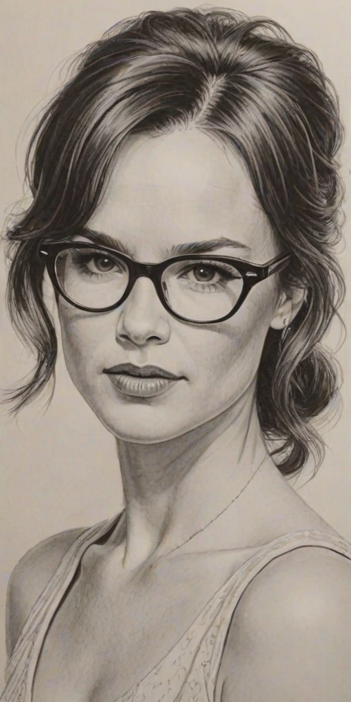 Fascinating Juliette Lewis, pencil sketch, portrait of Elegant woman 1961s in glasses, hair style beatnik, outline, clear lines, fine lines, 8k