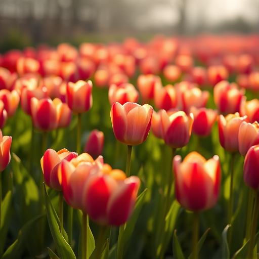 Soft-focus image of a field of tulips in full bloom, soft sunlight illuminating the vibrant colors, with a gentle breeze causing the flowers to sway.