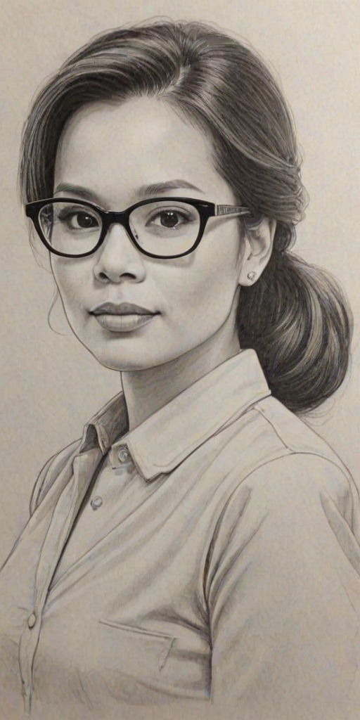 Charming Lea Salonga, pencil sketch, portrait of Lovely woman 1960s in glasses, hair style beatnik, outline, clear lines, fine lines, 8k