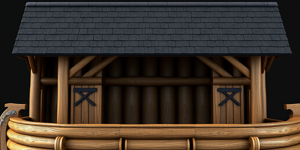 Generate a highly detailed 3D rendering of a wooden ark with a textured dark roof, camera settings: f/8 aperture, ISO 200, 50mm lens, camera view: close-up angle, camera style: realistic, camera type: DSLR.