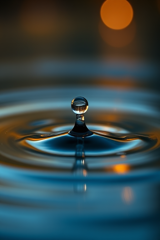 macro shot of a water droplet splashing on the surface of water with golden reflections, f/2.8 aperture, ISO 100, shutter speed 1/1000 sec, focused from a low angle, using a Canon EOS 5D Mark IV with a 100mm macro lens