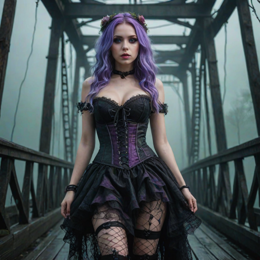 (Bottom-up view view:1.5) Cinematic glamour portrait of a beautiful ((skiny:1.1)) young girl, detailed purple eyes, wearing a Dark Alice in Wonderland dress with a Lace-up corset,  wearing Doc Martens boots with Ripped fishnet tights, green velus hair, on A gothic, fog-shrouded bridge, mist softly illuminated by a bluish or violet light source, supernatural feel, a giant Kraken comes from the mist, dark movie, look in the style of a horror science fiction movie, Dusk on a foggy bridge, unity 8k wallpaper, ultra detailed, beautiful and aesthetic, best quality, intricate, sharp focus, 8k textures , intricate, highly detailed, sharp focus, insane details, intricate details, hyper detailed, exposure blending, hdr, hyperrealistic, shot with Mamiya Leaf, Leica Elmar-M lens, 85mm, f/1.8, (high detailed skin:1.2), uhd, dsir, soft lighting, high quality, film grain,