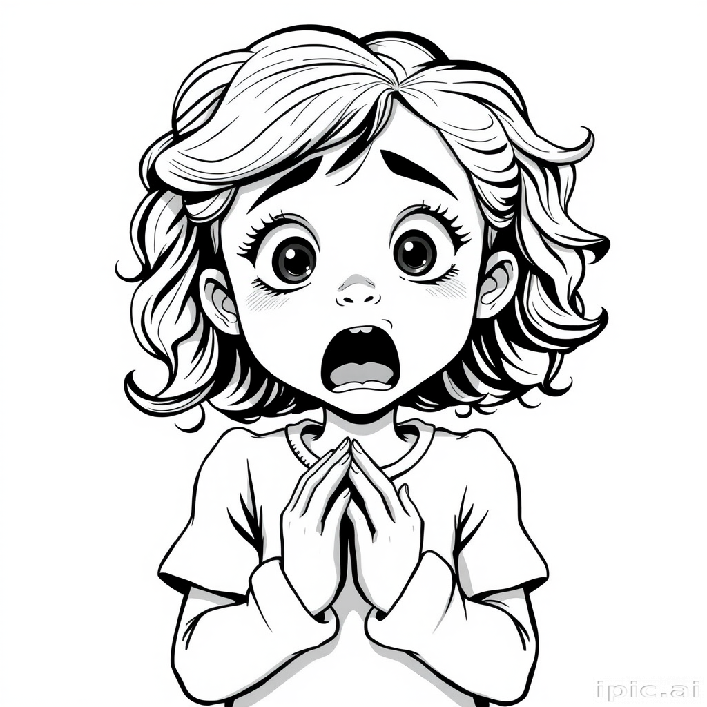 The image is a black and white illustration of a young girl with curly hair. She has a surprised expression on her face with her mouth open and her hands clasped together in front of her chest. Her eyes are wide and her eyebrows are furrowed. Her hair is styled in loose curls that are cascading down her back. The overall mood of the image is one of shock or surprise.
