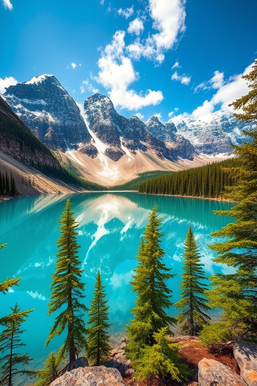 Capture a breathtaking landscape of a mountain lake with vibrant turquoise water reflecting snow-capped peaks and lush evergreen trees, using a DSLR camera with a 24mm lens, aperture f/8, ISO 100, and a 1/250s shutter speed, from a low angle viewpoint to enhance the depth and clarity.