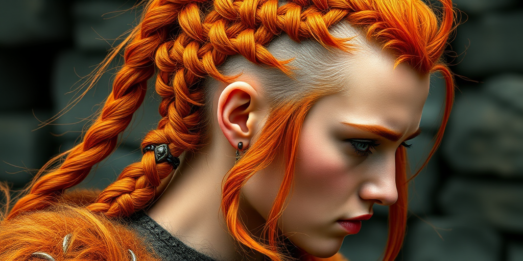 Fierce flame-haired warrior with an intricate Viking-inspired braided style, featuring shaved sides and ornate beads