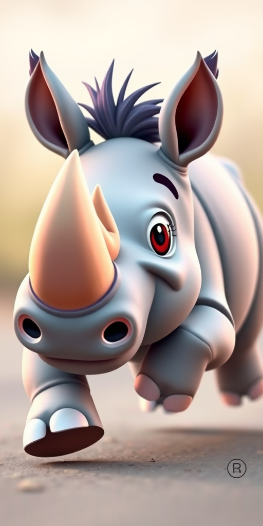 generate a cute cartoon rhinoceros running playfully, vibrant colors, high detail, 3D style, camera type: DSLR, camera view: close-up, camera settings: f/2.8 aperture, ISO 100, shutter speed 1/125 sec
