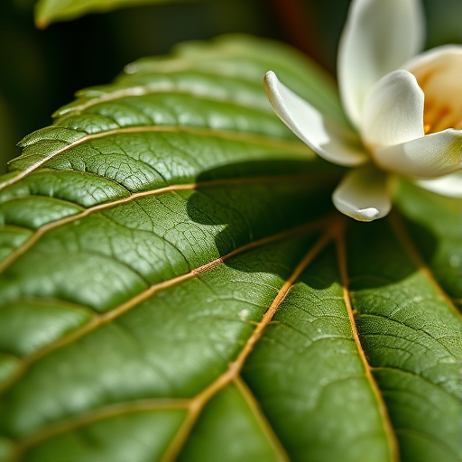 A detailed close-up of a leaf with intricate veins and a blossoming flower, captured with a Canon EOS R5, 50mm f/1.8 lens, ISO 100, aperture f/2.8, and natural daylight, emphasizing texture and clarity.