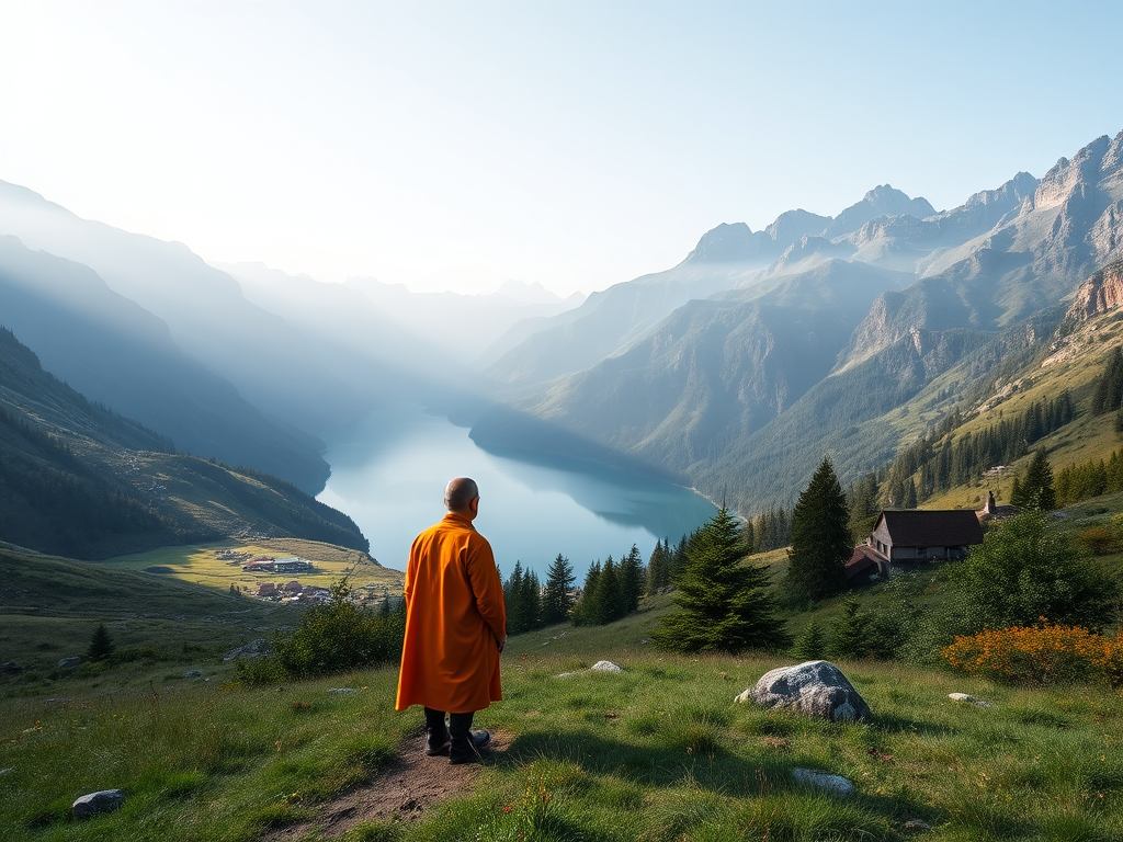 A solitary figure dressed in an orange robe stands in a lush valley surrounded by mountains, with a serene lake in the background, captured with a 50mm lens at f/2.8, ISO 100, in natural light from a low angle, using a DSLR camera in landscape mode.