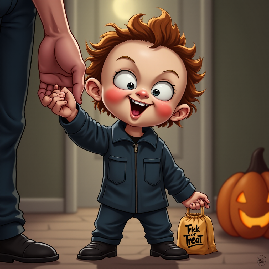 A whimsical caricature of a child version of Michael Myers, grinning mischievously. He is held by the hand of an unrecognizable person (only their hand visible), while holding a bag labeled "Trick or Treat" His facial expression is playful yet slightly menacing, reflecting his iconic figure. The scene is in portrait format with a Halloween theme, featuring exaggerated cartoon details like big eyes, a small body, and a creepy yet light-hearted tone.