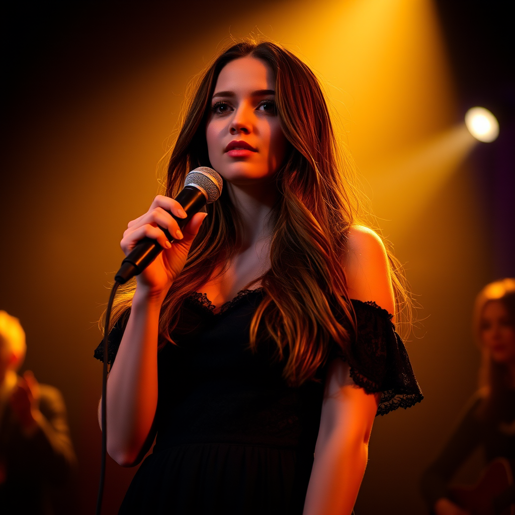 A young woman with long, flowing brown hair is standing in the center of the frame, holding a microphone in her right hand, and looking slightly off to the right side of the frame. She is wearing a black, off-the-shoulder dress with delicate lace detailing. The lighting is warm and dramatic, creating a spotlight effect on the singer. There are other figures in the background, blurred and out of focus, suggesting a concert or performance setting. The camera angle is low, capturing the woman from the waist up. The overall atmosphere is intimate and captivating.