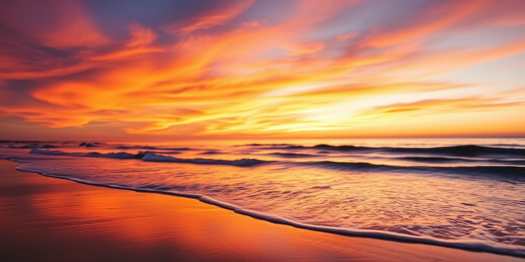 Create an image of a serene beach landscape during sunset with vibrant orange and purple skies, gentle waves lapping at the shore, focus on the horizon, shallow depth of field, ISO 100, f/2.8 aperture, 35mm lens, shot with a DSLR camera, warm color balance, and soft lighting.