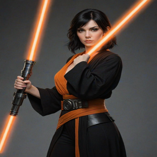 realistic image of a black haired woman, she is holding a orange lightsaber