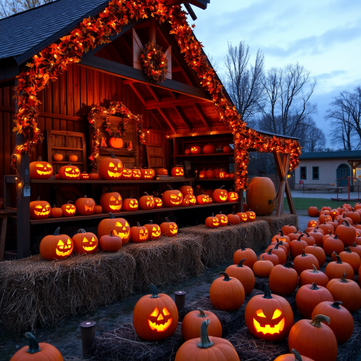 A cozy autumn scene featuring a pumpkin patch at dusk with glowing jack-o-lanterns arranged on hay bales and wooden shelves surrounded by warm string lights illuminating a rustic barn decorated with fall foliage. The atmosphere is festive and inviting, capturing the essence of Halloween celebrations.