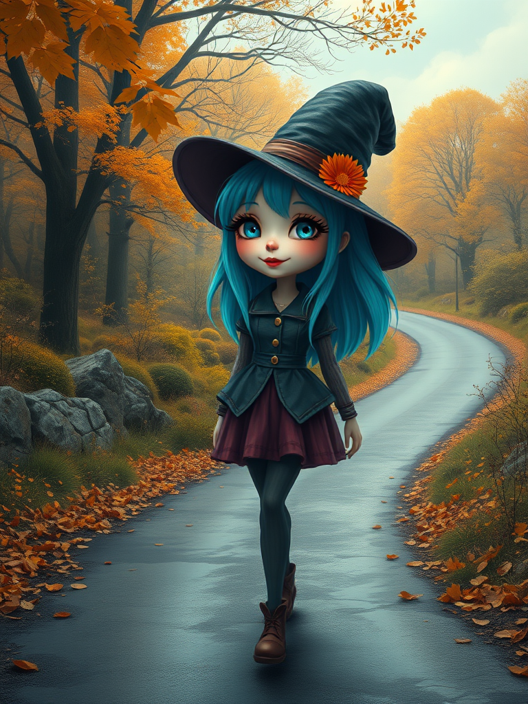 digital art fantasy depicting a strange girl with cyan hair, long eyelashes, orange lipstick and a tall hat walking along a winding road on an autumn afternoon, an Nightingale smiles as she passes