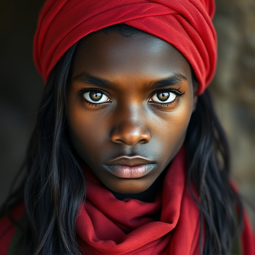 Create a portrait of a young Melanesian male with long, dark hair and captivating hazel eyes. She is wearing a red headscarf and a matching scarf draped gracefully around her neck. The background is softly blurred, focusing attention on her serene and natural expression. The overall color palette is muted and warm, enhancing the intimate and authentic feel of the portrait.
