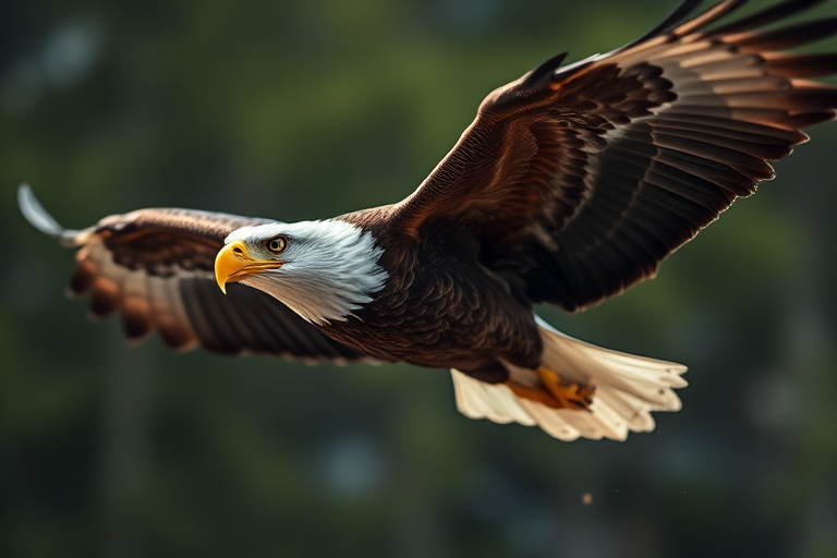 Create a detailed realistic image of an eagle in flight with feathers detailed, sharp focus, ISO 100, aperture f/8, shutter speed 1/1000s, taken with a DSLR camera from a low angle view.