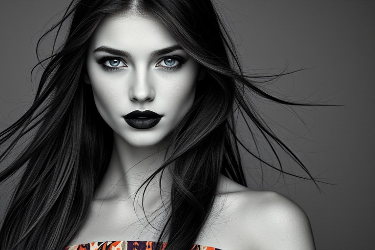 Photographic image of a beautiful young Native American woman, blue eyes, lips with black lipstick, long hair fluttering in the wind and wearing a silk strapless dress with a soft purple and orange print. monochrome image with only color highlights in the iris of the eyes, lipstick and dress. Gray background.