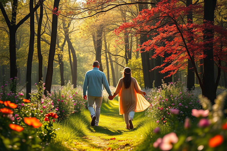 Regenerate a vibrant scene of divine figures walking hand in hand in a lush forest with colorful flowers, soft sunlight filtering through the trees, using a Canon EOS R5, 50mm lens, f/1.8 aperture, ISO 100, and a shallow depth of field for a dreamy effect.
