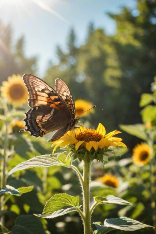Soft-focus image of a butterfly landing on a sunflower in a sunlit garden, with bright green leaves and a blue sky softly blurred in the background, creating a peaceful summer atmosphere.
