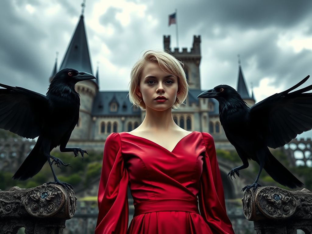Young woman with short blonde hair wearing a red satin dress standing between two black crows in front of a gothic castle under a dramatic sky, shot with a Canon EOS R5 at f/1.8, ISO 100, 50mm lens, natural lighting, portrait style.
