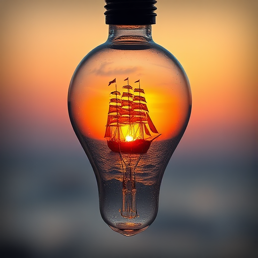 Create a high-resolution image of a light bulb with a sunset scene inside, featuring a sailing ship, using a DSLR camera with a 50mm lens, aperture f/2.8, ISO 100, and a shallow depth of field for a soft background blur.