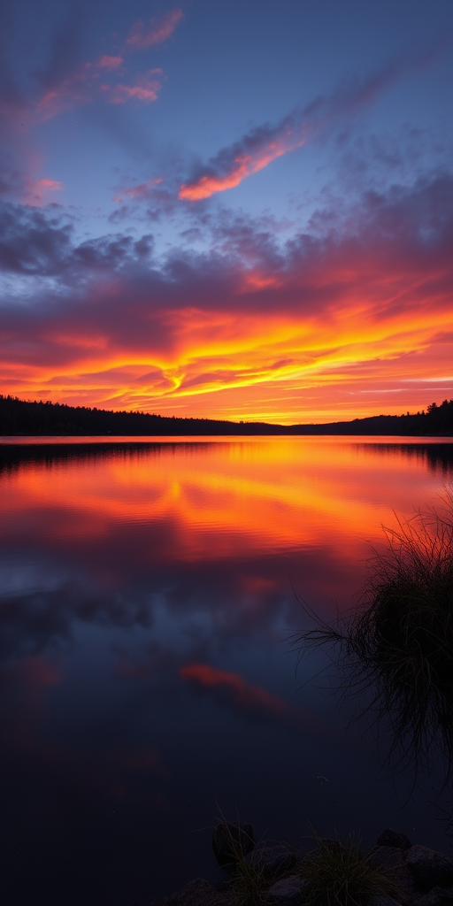 Generate a high-resolution image of a sunset over a calm lake with vibrant orange and purple hues in the sky, captured with a Canon EOS R5 camera, 50mm lens, f/2.8 aperture, ISO 100, and a shutter speed of 1/250s, using a wide-angle view to capture the serene landscape in a natural style.